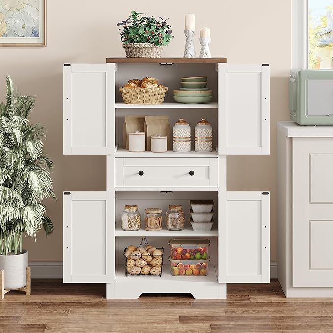 47" Tall Kitchen Pantry Storage Cabinet with Barn Doors and Shelves, White Farmhouse Linen Storage Cabinet With Drawers, Free standing Food Pantry Cabinets for Kitchen, Dining Room, Living Room