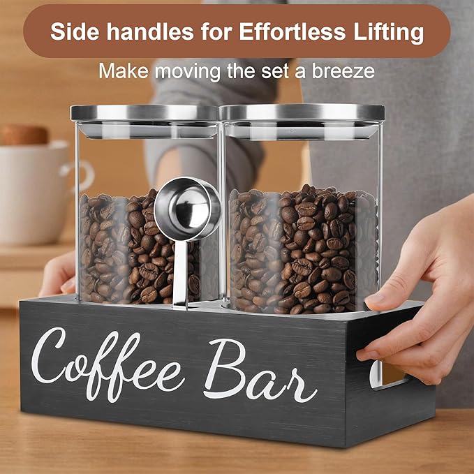 Airtight Coffee Bean Container Set - 2×50oz Glass Coffee Canisters with Scoop & Shelf, Clear Ground Coffee Storage Jars with Lids for Coffee Bar, Sugar, Tea, Nuts & Kitchen Countertop
