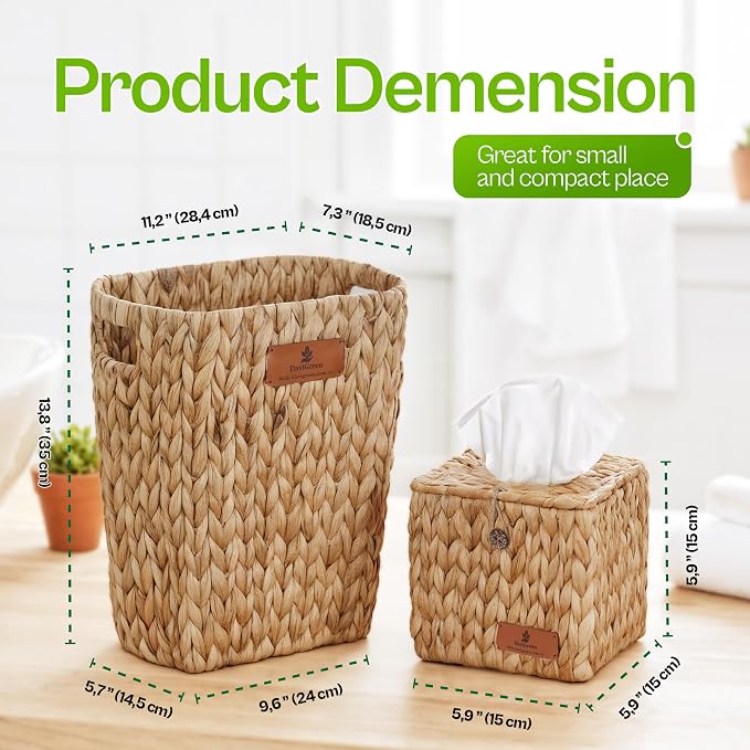 Handwoven Water Hyacinth Decorative Basket, Small Bathroom Trash Can 10L, Open-Top Woven Organizer for Bathroom, Bedroom & Living Room, Natural Fiber, 11 Inch