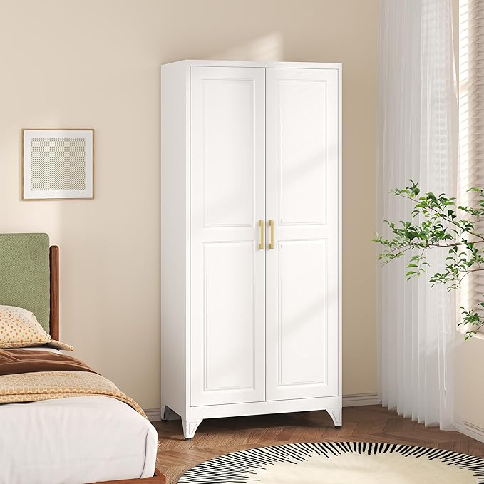 SteeLoong Metal Wardrobe Cabinet with Hanging Rod, 71" Tall Armoire Wardrobe Closet with 2 Doors and Adjustable Shelves, White Clothing Storage Cabinets for Bedroom, Laundry Room, Cloak Room