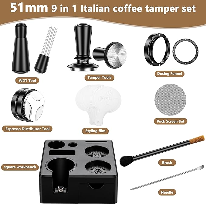 9 Pack Espresso Accessories Kit（Square）,54mm Espresso Tool Kit | Espresso Tamping Station | Coffee Distributor Tamper | WDT Tool | Dosing Funnel | Mother's Day Gift for Espresso Lovers
