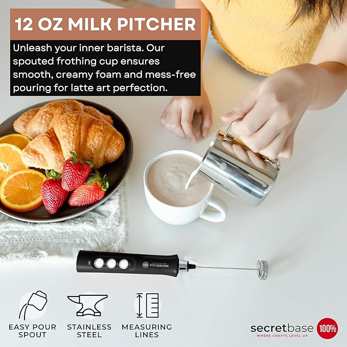 Secretbase USB-C Rechargeable Milk Frother and Cup Set, 3 Speed, Cordless Charging Cradle - Handheld Milk Frother, Double-thickness Whisk, Tiny Egg Beater, Mini Electric Coffee Stirrer(Black)