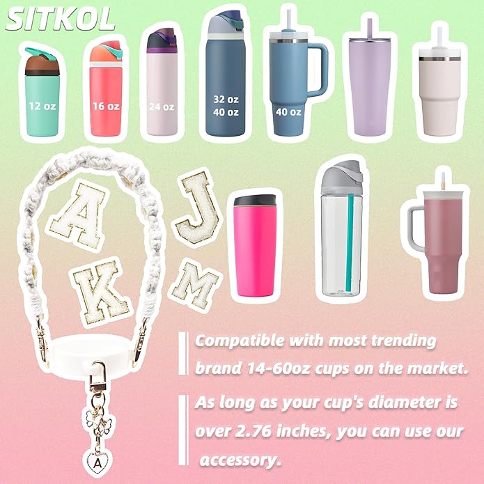 Compatible with Owala Water Bottle Accessories, Cute Letter Charm Set with Boho Handle Strap, Monogram Sticker, Silicone Ring, Keychain Decoration, for FreeSip 24 32 40oz, Owala Kids, Tumbler Gift