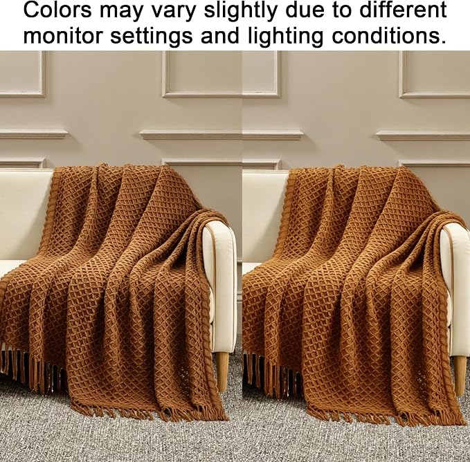 CREVENT Farmhouse Boho Knitted Throw Blanket for Couch Sofa Chair Bed Home Decoration, Soft Warm Cozy Light Weight for Spring Summer Fall (50''X60'' Light Brown)