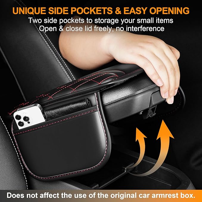 Car Center Console Cover Fit for Jeep Gladiator - Leather Armrest Covers with 2 Storage Pockets(Black&Red)