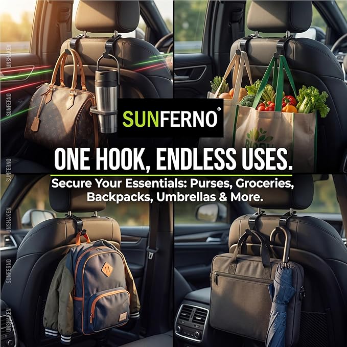 Car Hooks – Durable Headrest Hooks for Car | Car Purse Hook Holds Bags, Groceries & Essentials | Purse Hooks for Car That Don't Slip | Must-Have Car Hanging Accessories – 4-Pack, Easy Install