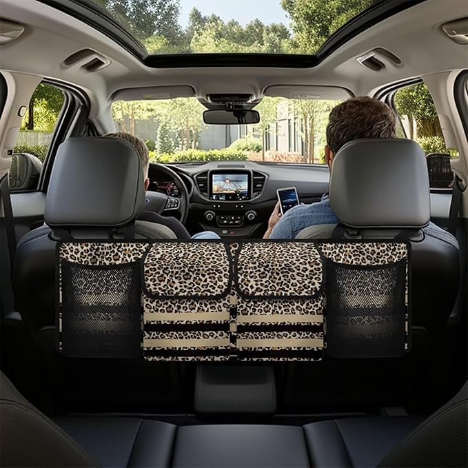 SEANATIVE Brown Leopard Stripes Car Trunk Organizer and Storage, Hanging Organizer for SUV, MPV, Waterproof, Cargo Storage Bag with 4 Pockets, Car Interior Accessories for Men &Women