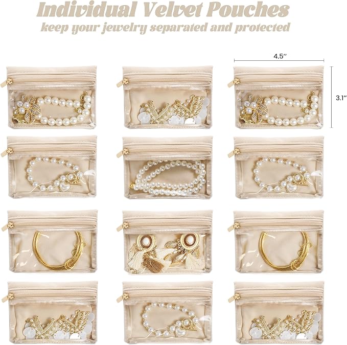 Travel Jewelry Case, Portable Jewelry Box with 6 Jewelry Bags,Travel Gift for Women Teen Girls (Pink 12 Pcs)