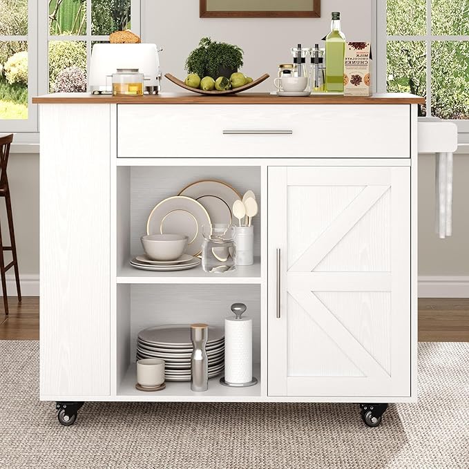 4 EVER WINNER Kitchen Island on Wheels with Storage, Kitchen Island Cart with Storage Cabinet, Spice Rack & Towel Rack & Drawer, Island Table for Kitchen with Open Shelves, White