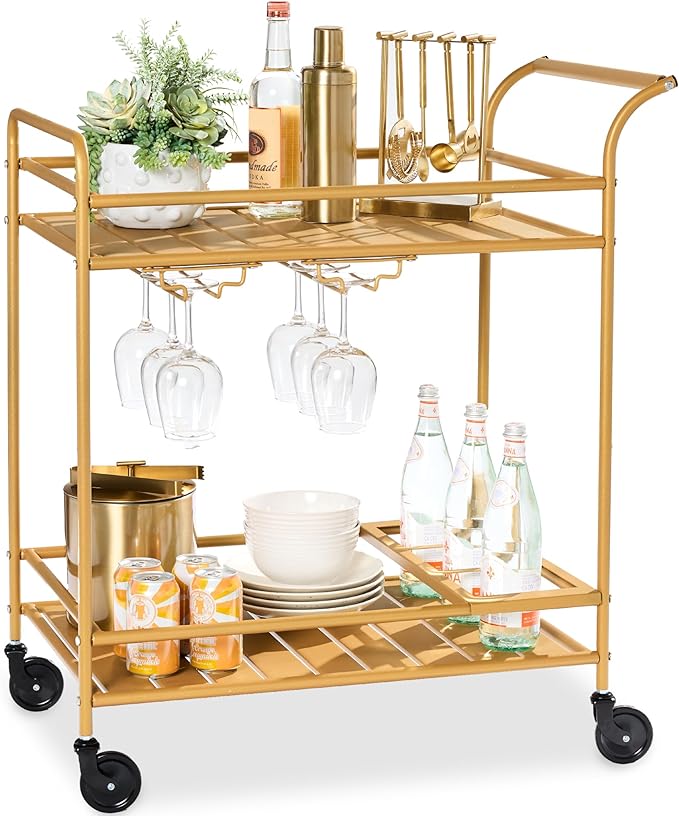 Best Choice Products Rolling Bar Cart, Mobile Home Bar Serving Cart, Serving Station w/ 2 Tier Shelves, Wine Rack, Lockable Wheels - Gold