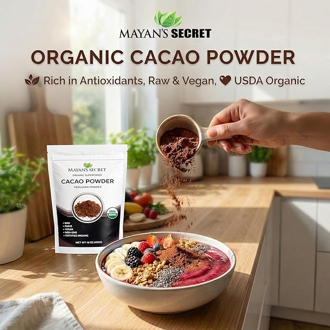 Mayan’s Secret - Organic Cocoa Powder Unsweetened - Raw Cacao Powder Organic Pure Dark Cacao for Smoothie, Coffee and Drink Mixes - Non-Alkalized, Vegan & Gluten Free (1 Pound - Pack of 1)