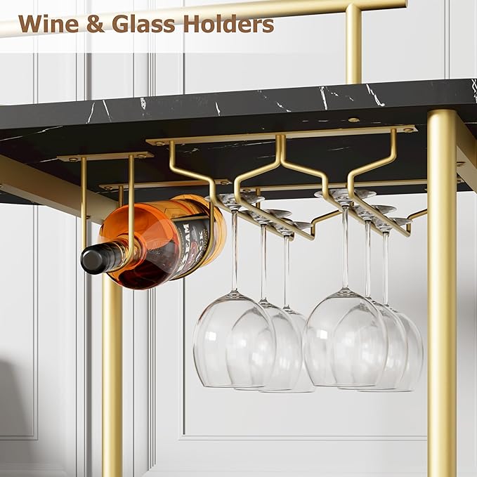 GarveeHome Gold Bar Carts with 4-Tiers Storage Shelves，Mobile Bar Seving Carts On Wheels with Wine Rack and Glass Holder for Kitchen, Dining Room, Living Room-Gold+Black