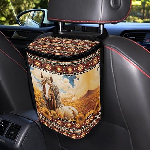 DISNIMO Western Horse Car Trash Can Bin with Lid Sunflower Car Garbage Can Leakproof Mini Car Accessories Trash Bin Car Dustbin Organizer Container for Car Office Home