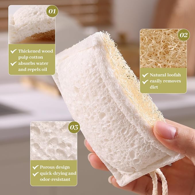 JOYMOOP Compressed Cellulose & Loofah Scrubbers, Non-Scratch Scrub Sponge, Kitchen Sponges for Dishes, 24-Pack, Dual-Sided Dish Sponge for Nonstick Cookware & All Surfaces