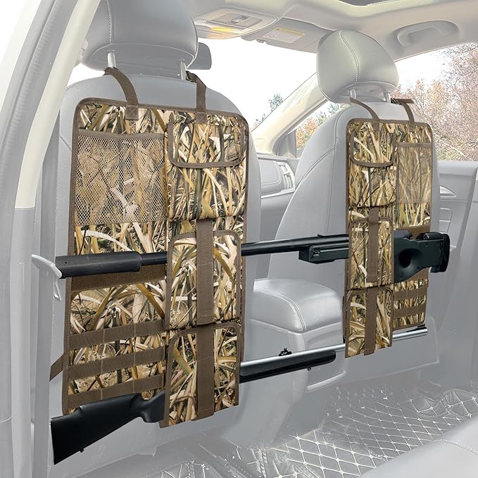 MYDAYS 2 Pack Tactical Seat Back Gun Rack, Camo Front Seat Organizer with MOLLE Panel Vehicle Gun Holder, Hunting Rifle/Shotgun (Camo1)