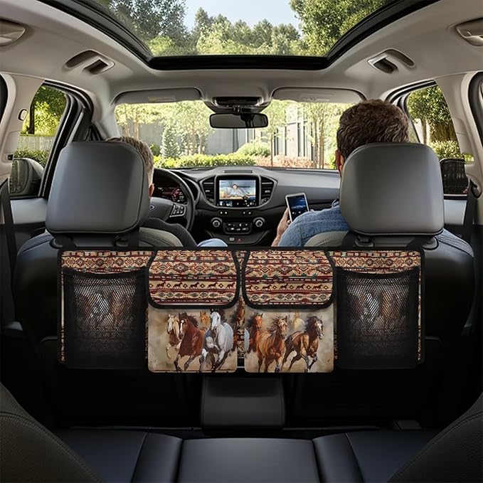 Back Seat Trunk Organizer Running Horses Tribal Hanging Car Organizer Trunk Foldable Cargo Storage with Pockets& 3 Adjustable Straps 37.01x11.81 inch