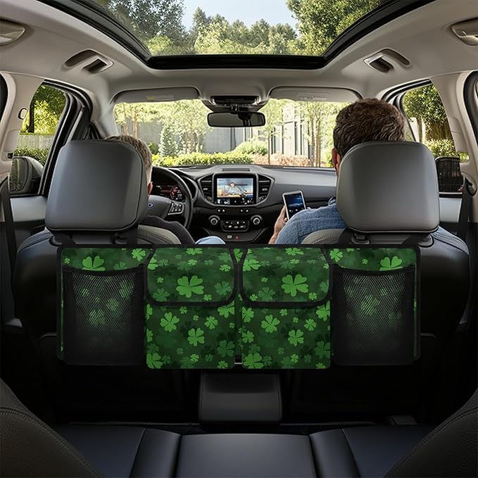CLOHOMIN St. Patrick's Day Car Trunk Organizer SUV Trunk Organizer Green Leaf Car Backseat Storage Bag with 4 Pockets Hanging Backseat Organizer with Adjustable Straps Auto Accessories