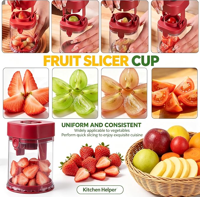 NOVANO Fruit Slicer Cup, Red | Small Fruit Cutter, For Strawberry, Cherry Tomato, Grape, Egg, Egg Slicer For Hard Boiled Eggs, Portable Kitchen Gadget