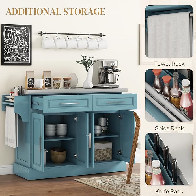 HOMCOM Rolling Kitchen Island Cart with 47" Stainless Steel Top, Portable Island Table for Kitchen with Wheels, Adjustable Shelves, 2 Drawers, Spice, Knife and Towel Rack, Teal Blue