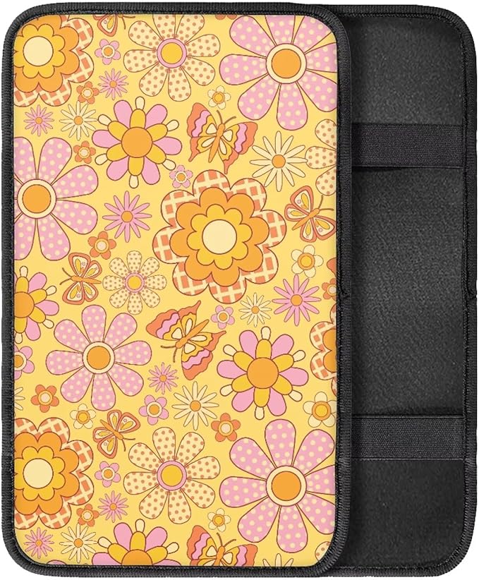 Hippie Flower Center Console Cover Protect from Pet Claws Universal Armrest Cover Pad Easy to Install 12.3 x 7.5 Inch Universal Car Interior Accessories Decoration