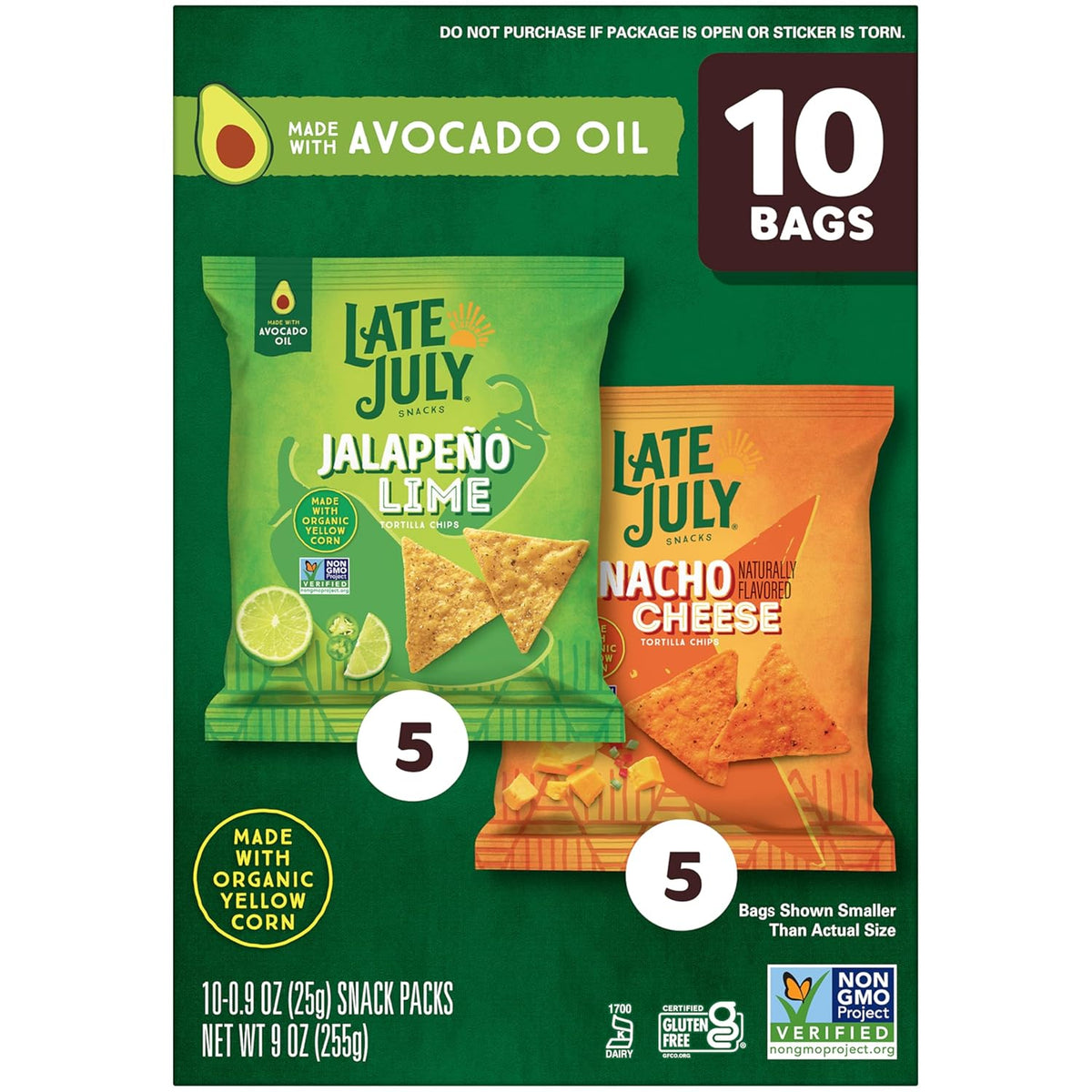 LATE JULY Snacks Variety Pack Tortilla Chips, 0.9 Oz 10 Count Snack Bags