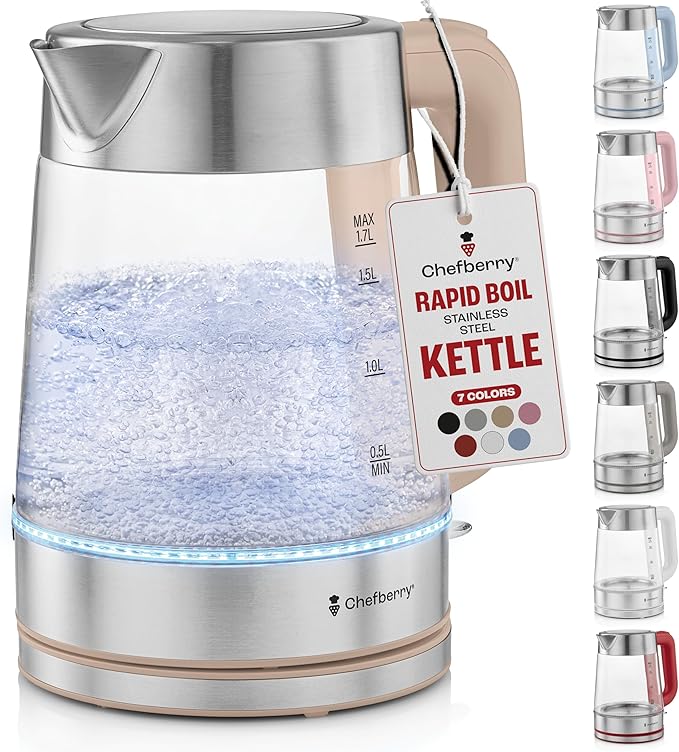 Electric Kettle for Boiling Hot Tea & Water | 1.7L Stainless Steel Borosilicate Glass Boiler With No Plastic, Automatic Shutoff, BPA Free, Fast Heating Technology (Cream)