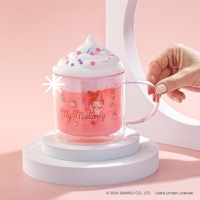 JoyJolt Hello Kitty Double Wall Insulated Coffee Mug ft My Melody, 13.5 oz Glass Cup, Cute Drinking Glassware ideal for Latte, Iced Coffee, or Tea, Kawaii Hello Kitty Merch, Sanrio Accessories