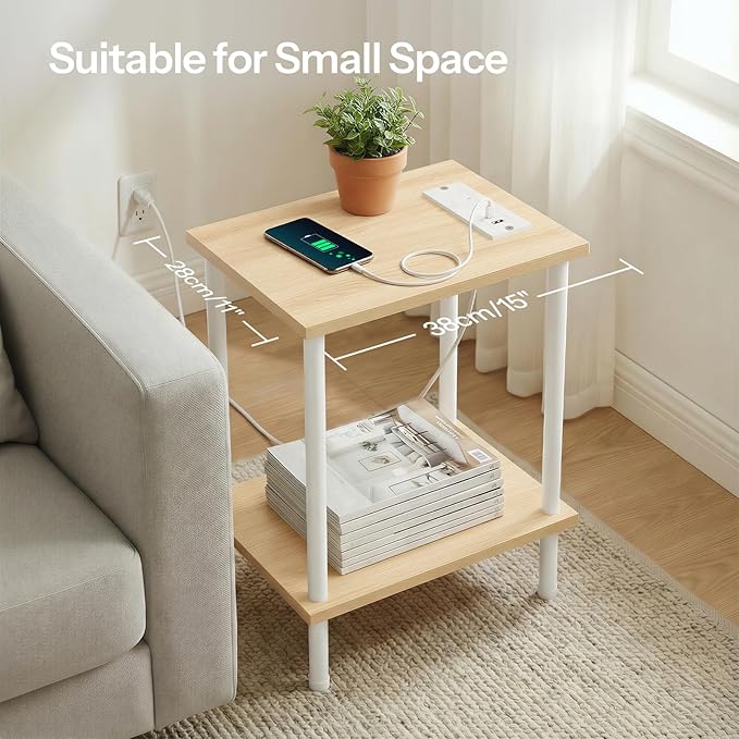 HOOBRO Side Table with Charging Station, Set of 2 End Tables with USB Port and Outlets, Nightstand with 2-Layer Storage Shelves for Small Spaces, Living Room, Bedroom, Natural and White WN09UBZP201