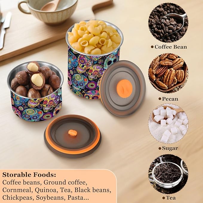 ALAZA Sugar Skulls Day Of Dead Airtight Coffee Bean Canister 900ml Food Storage Containers with Lids For Gournd, Tea, Sugar, Flour, Rice, Cereal, Candy Cookie Jar