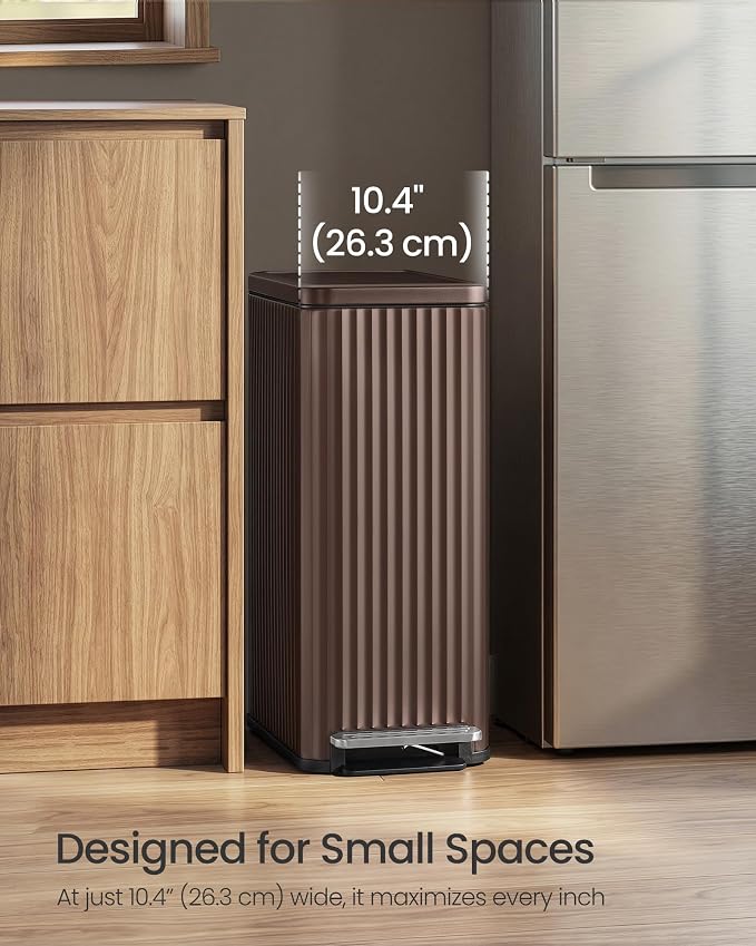 SONGMICS Trash Can, 13 Gallon (50 L) Slim Garbage Can for Kitchen, with Soft-Close Lid, Pedal, Removable Inner Bucket, Stainless Steel, 15 Trash Bags, Space-Saving, Brown ULTB350MZ01