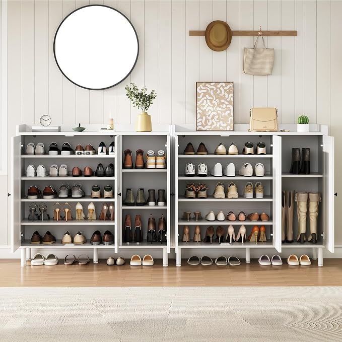 ONBRILL Shoe Cabinet with 3 Doors and Adjustable Shelves, 30 Pairs Shoe Storage Cabinet, 40 Inch Tall Farmhouse Shoe Rack Shoe Organizer Cabinet for Entryway Living Room Closet, White