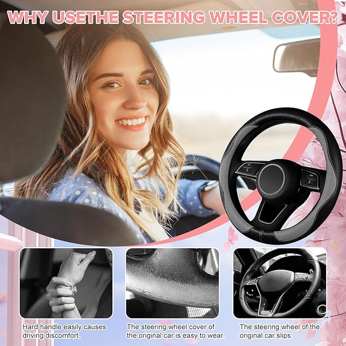 Gray Steering Wheel Cover,Slip-Proof Breathable Comfort PU Imitation Leather Cute Car Accessories for Women Girl, Universal Protector in All Season 15 inch Fit Most Car