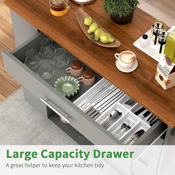 4 EVER WINNER Kitchen Island cart on Wheels with Storage, Kitchen Island with Spice Rack & Towel Rack, Rolling Kitchen Island with Open Shelves, Portable Island with Drawer, Grey