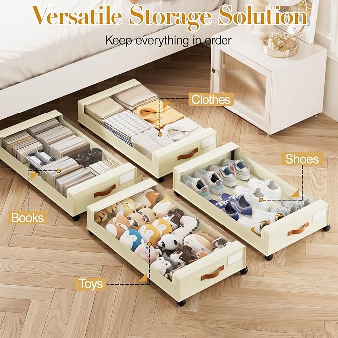 Yecaye Under Bed Storage with Wheels, 2 Pack Under the Bed Storage Containers with Lids & Label, XXL 60 L Rolling Underbed Storage Drawers for Clothes, Blankets, Shoes, Beige