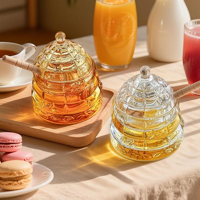 kanpura Honey Jar Pot Glass Holder Dispenser Set with Wooden Dipper Stick and Lid for Home Kitchen, Modern Syrup Glass Container for Storage Gift (Champagne,3.7 Oz)