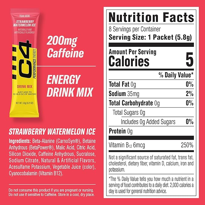 Juicy Mixes C4 Performance Energy, Strawberry Watermelon Ice Drink Mix, 200mg Caffeine, Zero Sugar, NSF (2 Boxes, 16 Sticks)