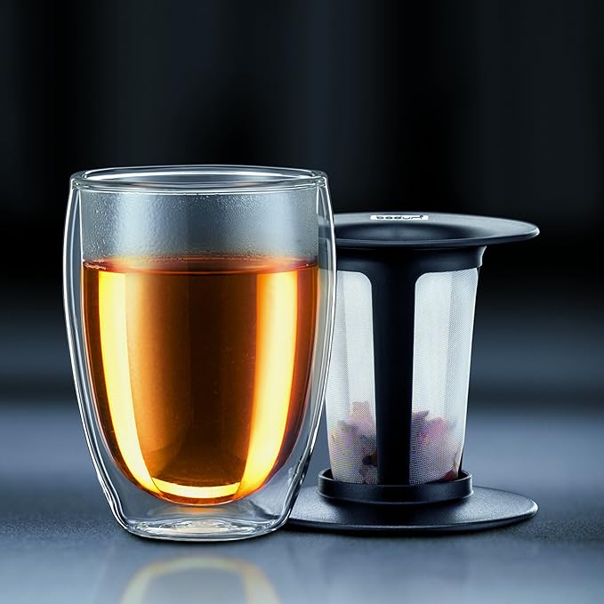 Bodum 12oz Tea Strainer w/Lid, Double Wall, High-Heat Borosilicate Glass, Set of 2, Black
