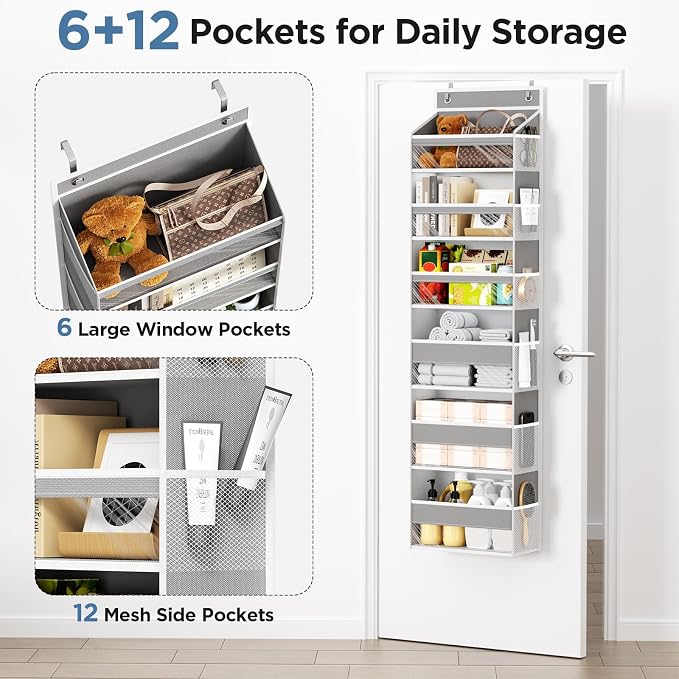 6 Tiers Over The Door Organizer, Heavy Duty Hanging Organizer Storage with Large Capacity Pockets, Behind Door Storage Hanging Shelves for Closet Wall Bathroom Bedroom Nursery Pantry, 1 Pack Grey
