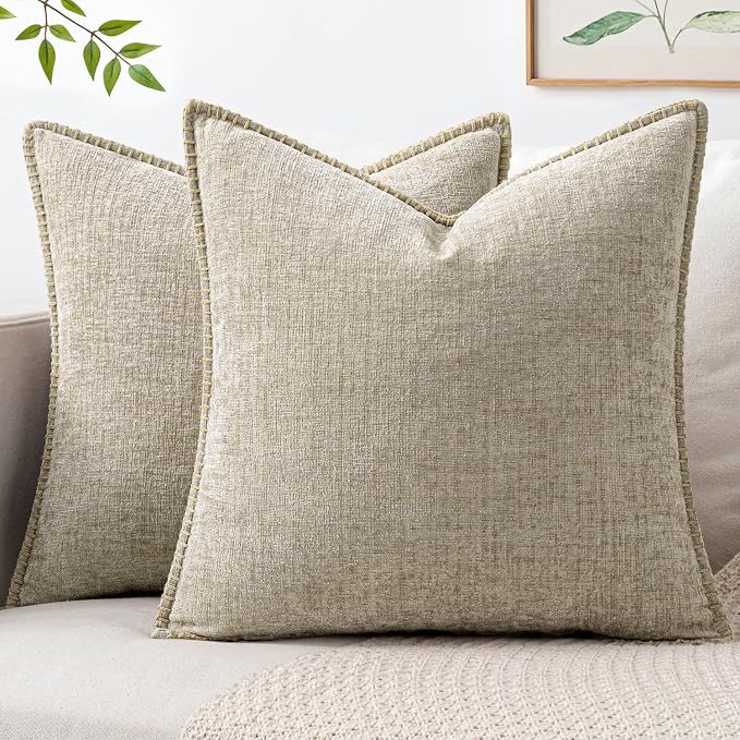 MIULEE Pack of 2 Couch Throw Pillow Covers 18x18 Inch Light Taupe Farmhouse Decorative Pillow Covers with Stitched Edge Soft Chenille Solid Dyed Spring Pillow Covers for Sofa Bed Living Room