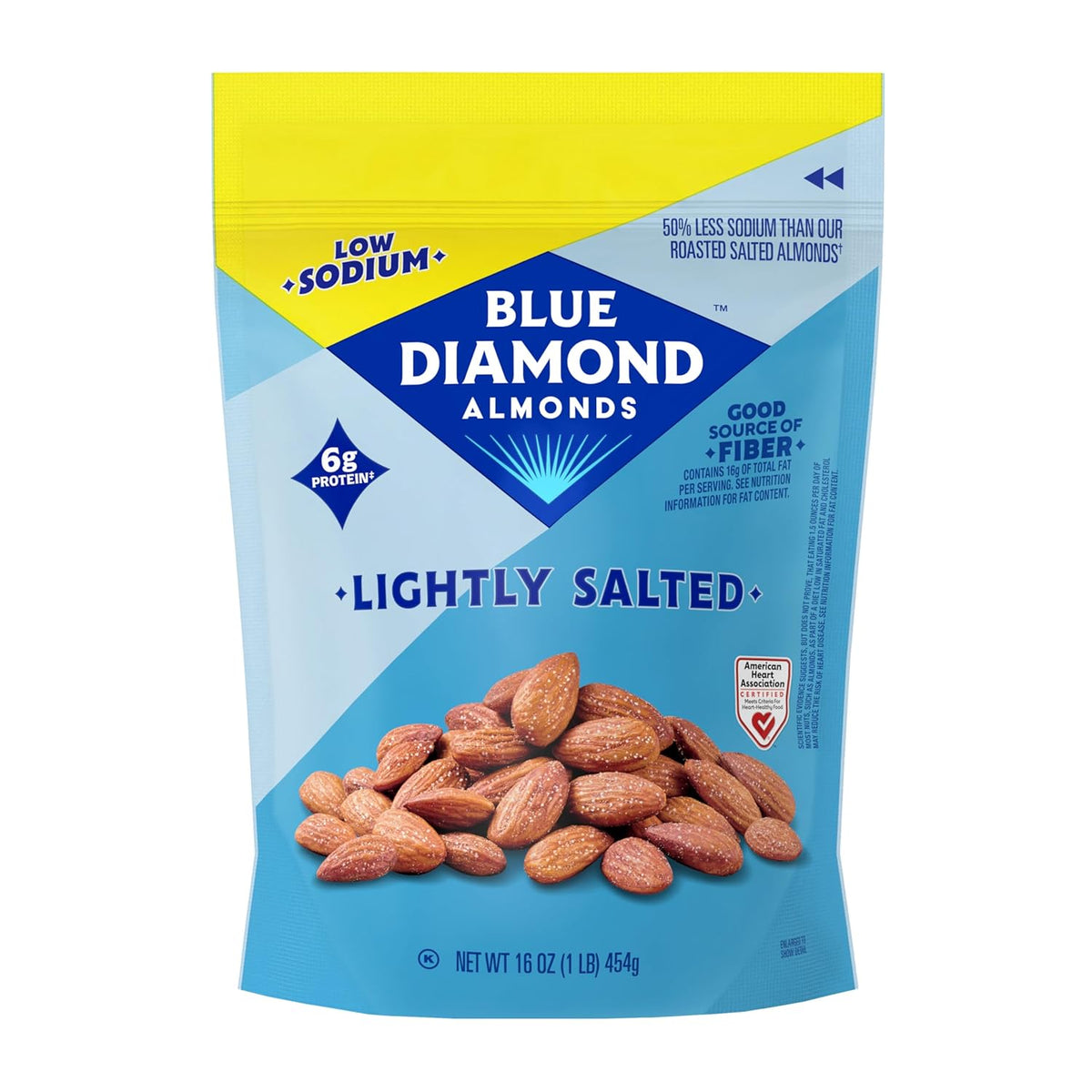Blue Diamond Almonds Low Sodium Lightly Salted Snack Nuts, 16 Oz Resealable Bag (Pack of 1)