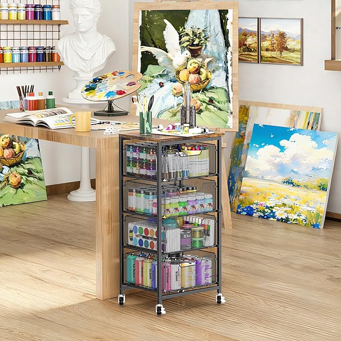 Rolling Cart with Drawers, 4-Tier Utility Cart Storage Organizer with Lockable Wheels, Metal Craft Storage Cart with Wooden Top for Kitchen, Bathroom, School, Studio, Office, Bedroom, Black
