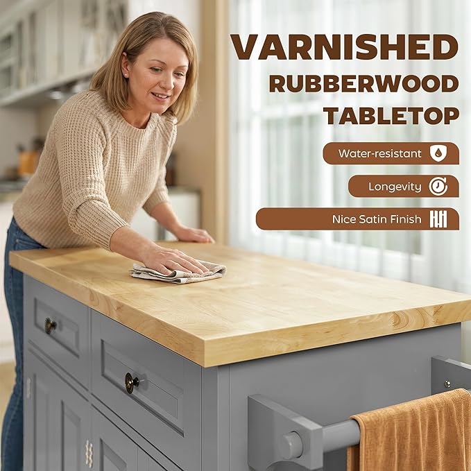 HOMCOM Kitchen Island Cart with Rubber Wood Top, Rolling Kitchen Island Table on Wheels with Drawers, Adjustable Shelves, Spice Rack and Towel Rack for Dining Room, Gray