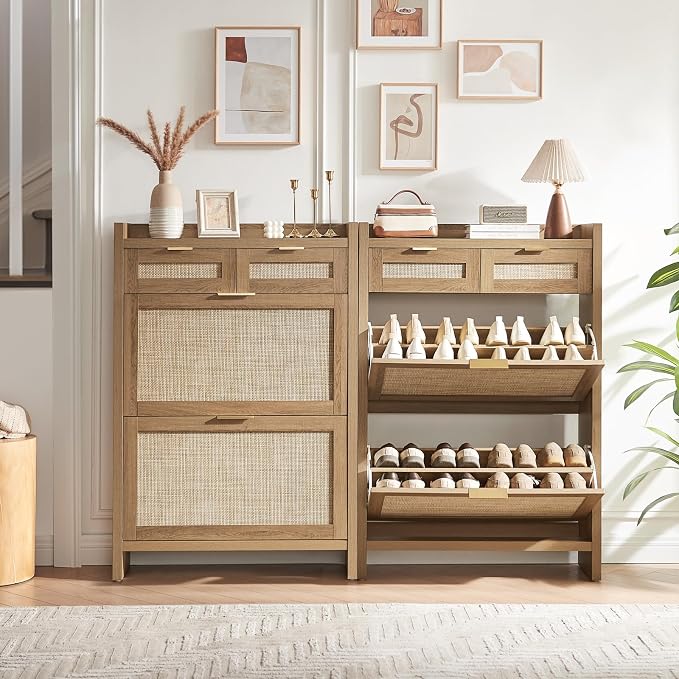 HOKYHOKY Rattan Shoe Storage Cabinet with 2 Drawers & 2 Flip Drawers – Hidden Slim Shoe Organizer for Entryway, Large Tabletop Space, Farmhouse Boho Narrow Shoe Rack, Rustic Oak