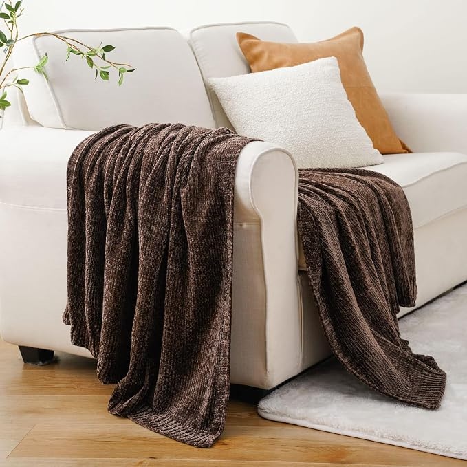 Waffle Knit Textured Throw Blanket Soft for Couch, Sofa, Twin Bed, Kids, Adults, 50” x 60” Chenille Knit Blanket, Boho Throw Blanket for Home Decor 250 GSM (Chocolate Brown)
