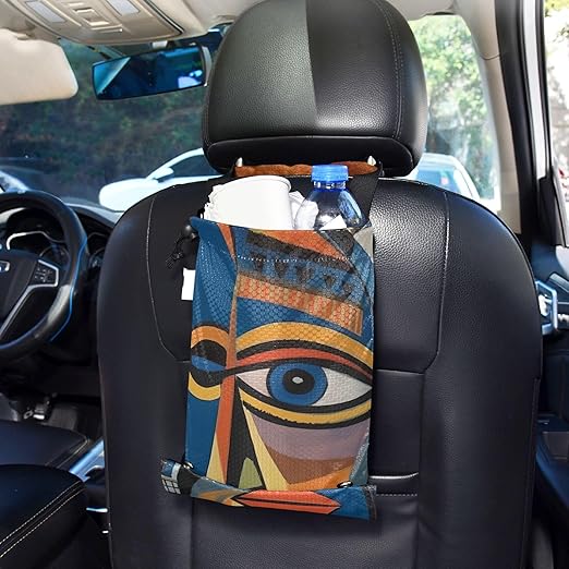 ALAZA Hanging Car Trash Bags Garbage Bag Trash Can for Back Seat Small Egyptian Geometric Face Washable Storage Bag Retractable 2 Pack