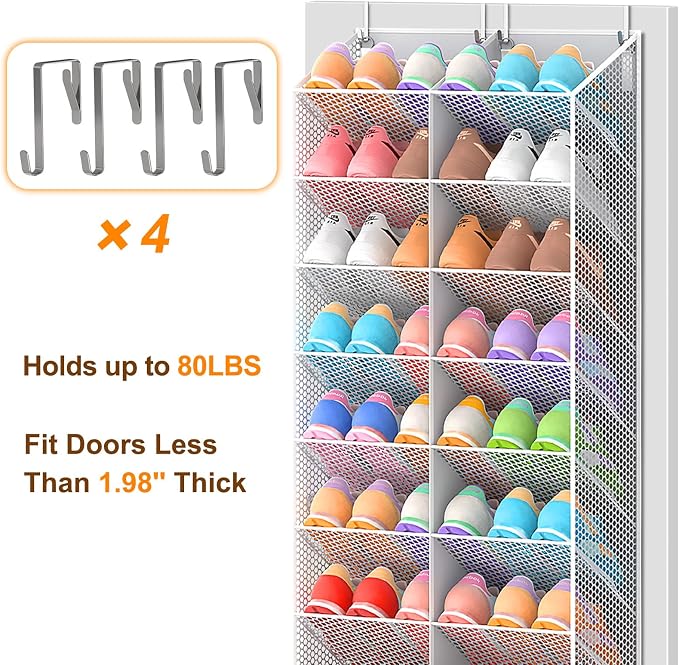 UVIAHOMI Over the Door Shoe Organizer for 30 Pairs, 10-Tier Light Grey