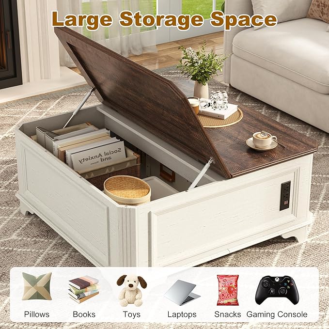 St.Mandyu 40 Inch Farmhouse Lift Top Coffee Table with Charging Station & Hidden Storage - Square Center Table with Lifting Top, Large Storage Cabinet for Living Room, Bedroom, Home Office, White