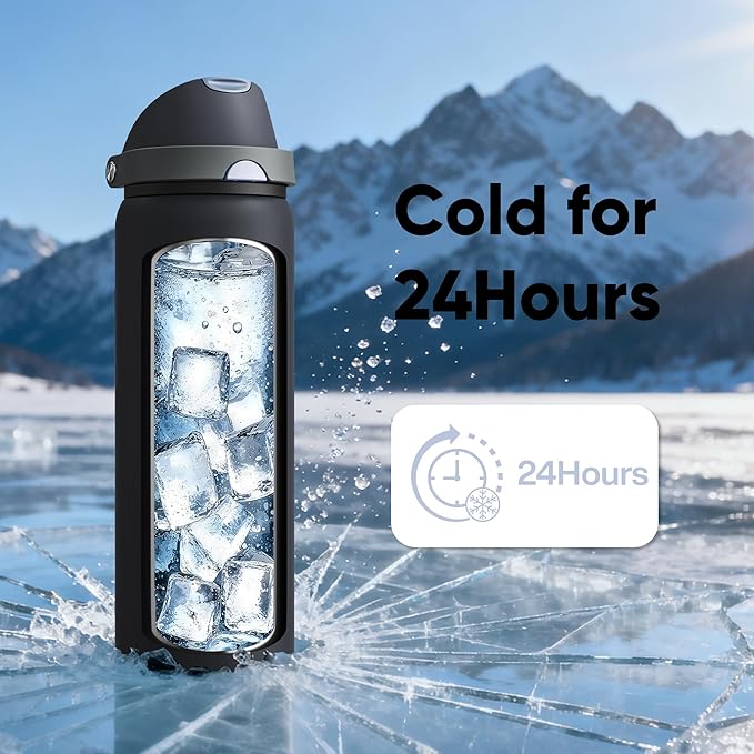 ENCOOL Insulated Water Bottle with Straw Stainless Steel Water Bottle with Push Button Lid, Leak-Proof & BPA-Free, Keeps Cold for 24 Hours for Sports, Travel, Gym (32 oz, Tuna Grey-Silver)
