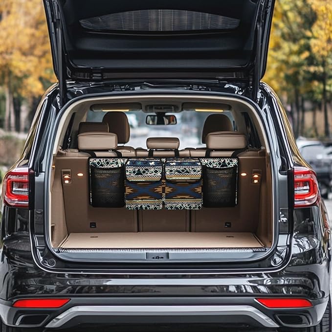 CLOHOMIN Aztec Ethnic Horse Backseat Car Organizer Hanging Cargo Storage Organizer with 4 Pockets Blue Car Seatback Organizer for Most Vehicle Car Interior Accessories