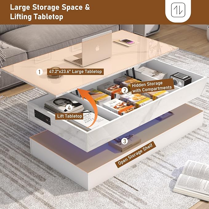 47.2" Large Lift Top Coffee Table, Modern LED High Glossy Coffee Table with Charging Station, Lights, Hidden Compartment Storage, Lift Center Tables for Living Room, Home Office, White